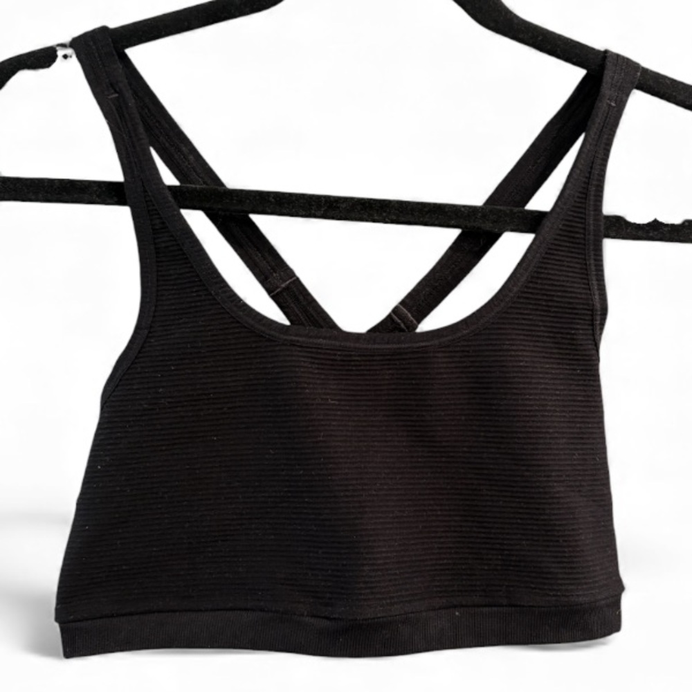 NUX Ribbed Sports Bra Black Criss Cross Back Size‎ L Activewear Yoga Gym